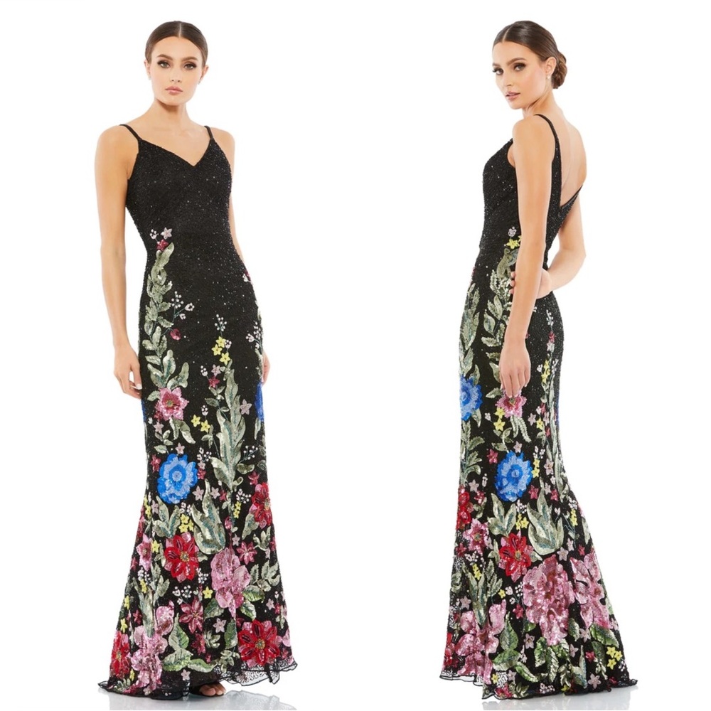 Mac Duggal Black Beaded Dress with Colorful Floral Design